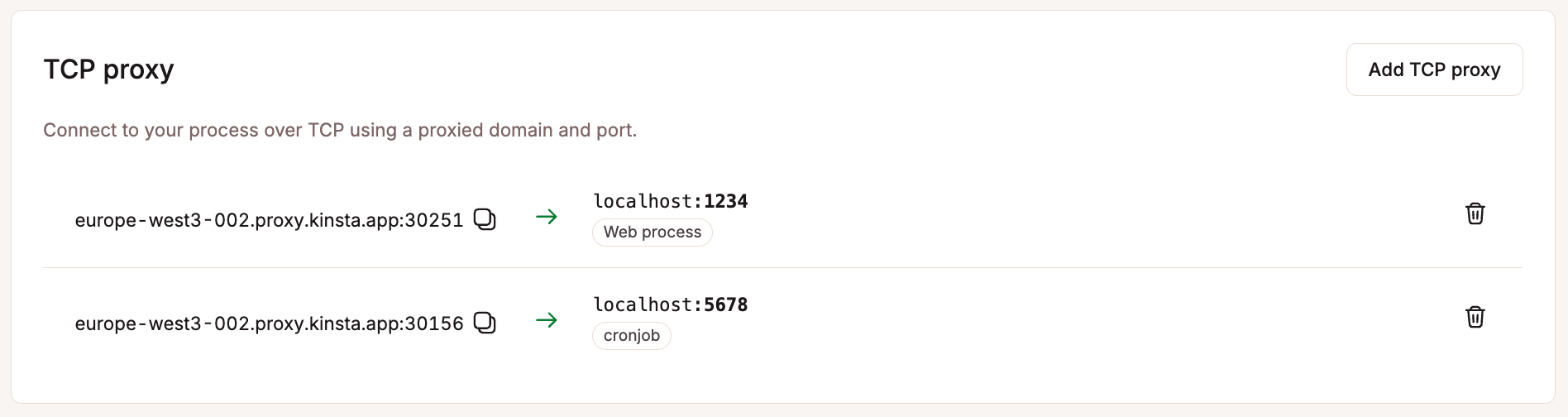 Connect to your process over TCP using the hostname provided.